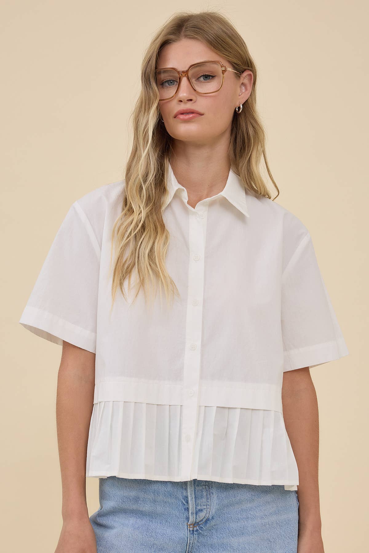 Pleated Hem Short Sleeve Shirt Top - RT1242