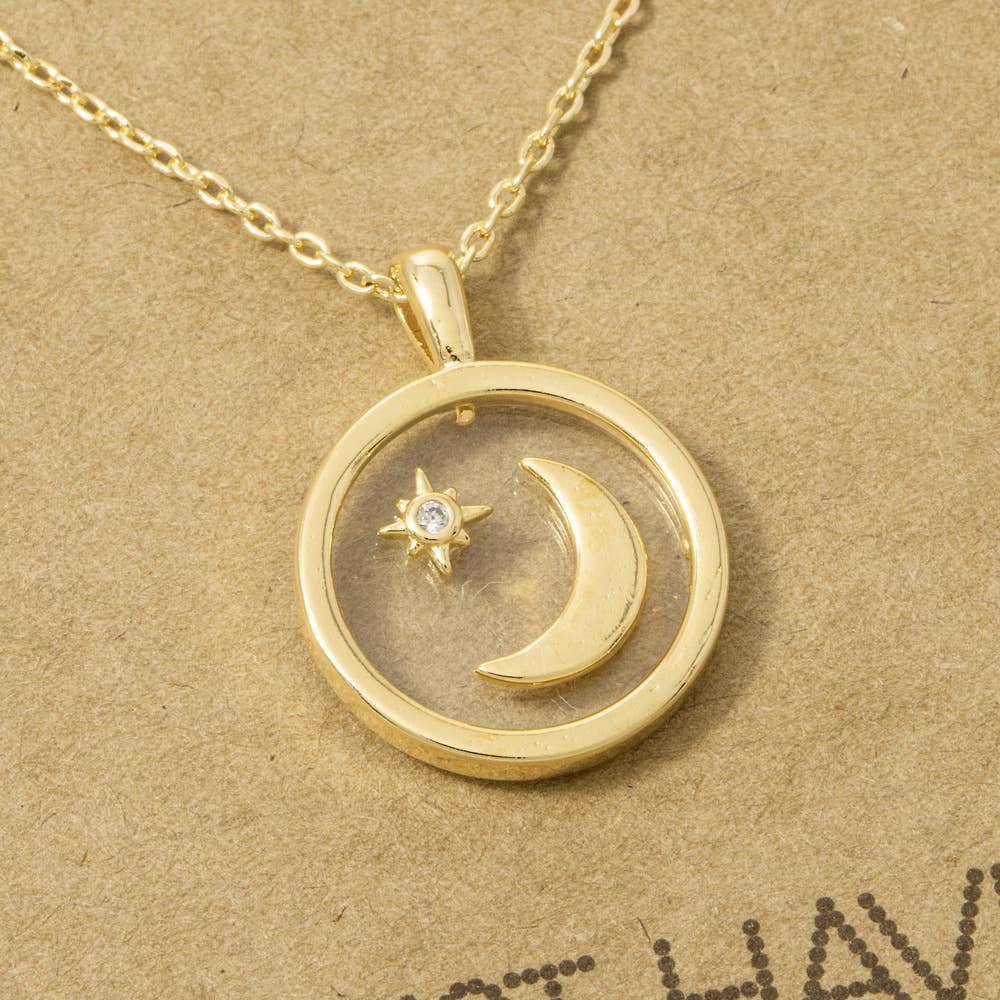 18K Gold Dipped Crescent Moon Star Circle Necklace