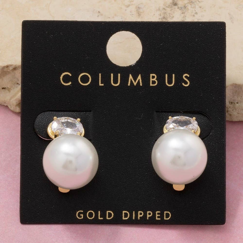 Gold Dipped Oval Cz And Pearl Stud Earrings