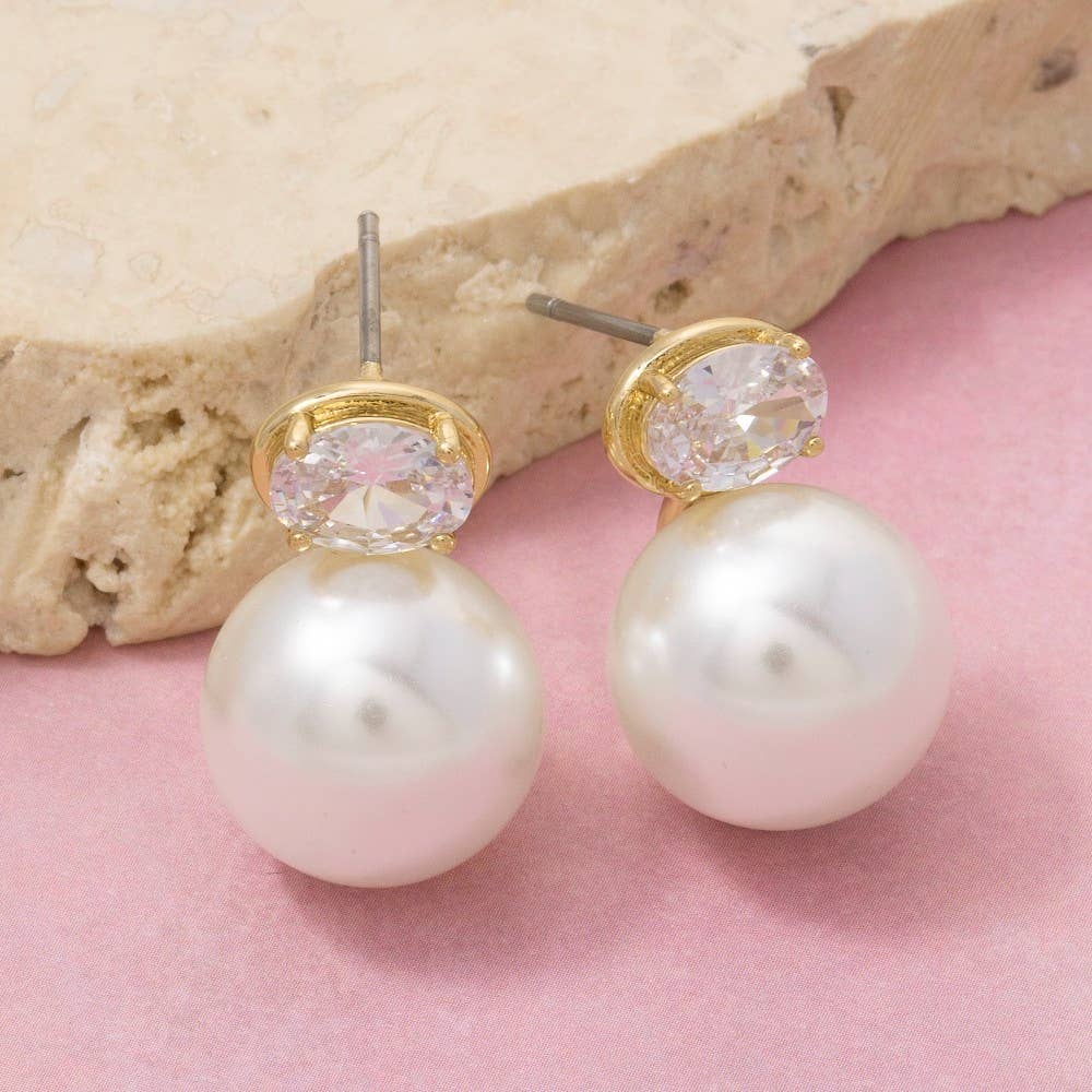 Gold Dipped Oval Cz And Pearl Stud Earrings