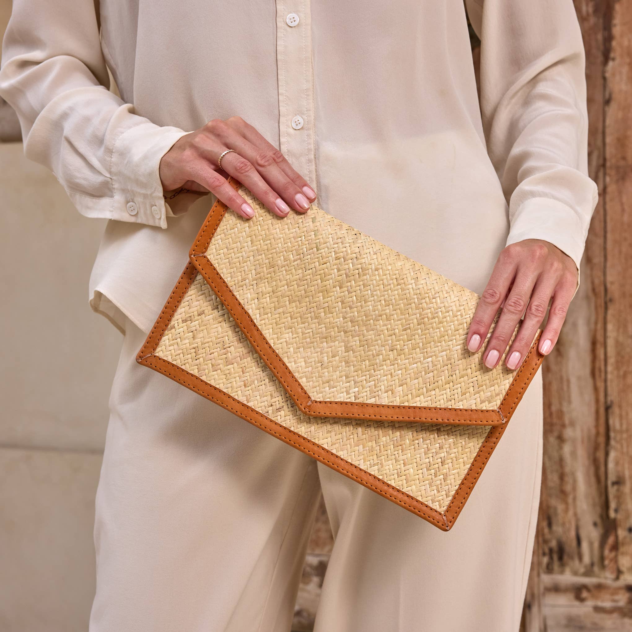 Rattan Clutch with Brown Leather Trim