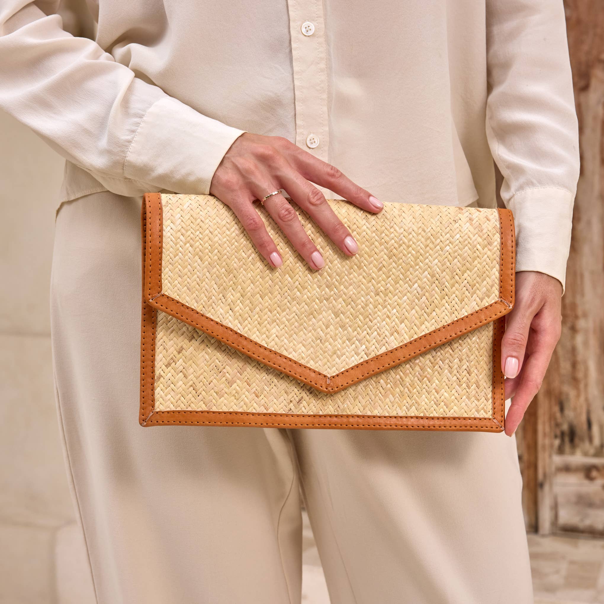 Rattan Clutch with Brown Leather Trim