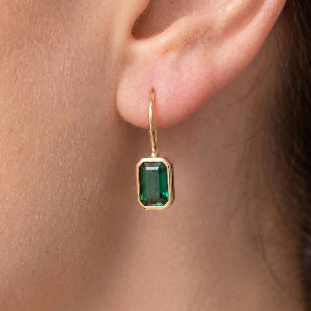 Gold Dipped Bezel Emerald Cut Cz Drop Earrings