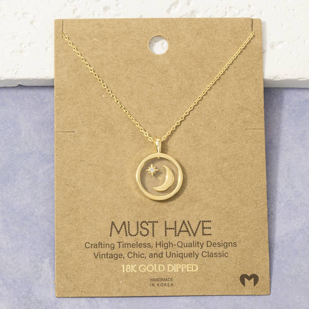 18K Gold Dipped Crescent Moon Star Circle Necklace