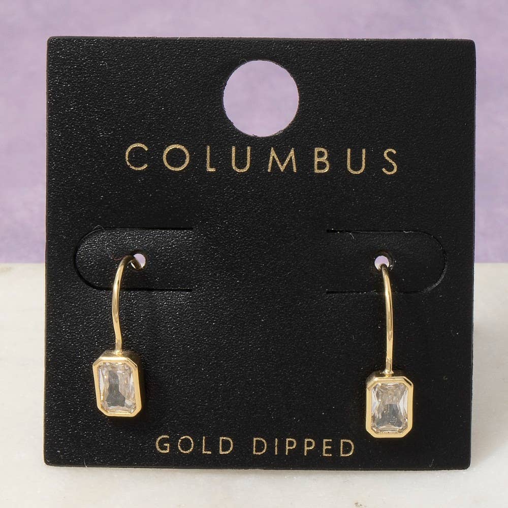 Gold Dipped Bezel Emerald Cut Cz Drop Earrings