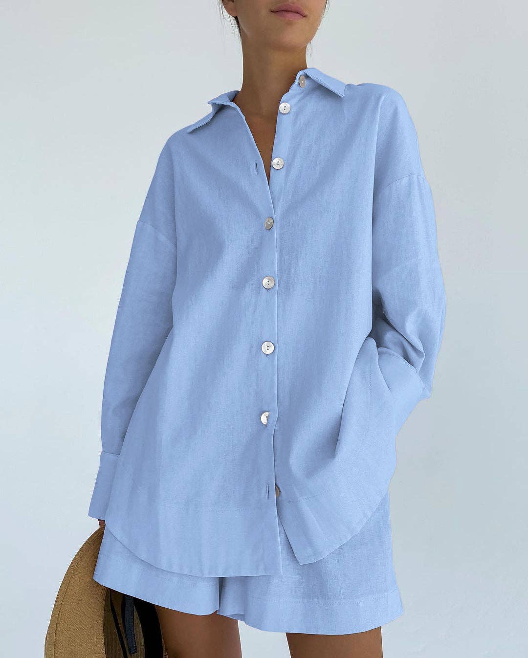 Long Sleeve Two Piece Short Set Blue / L