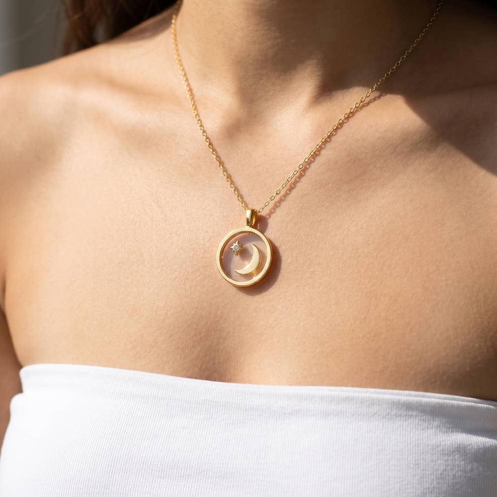18K Gold Dipped Crescent Moon Star Circle Necklace