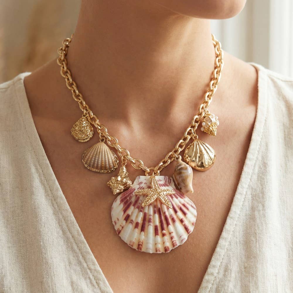 Large Sea Shell Pendant And Charms Necklace
