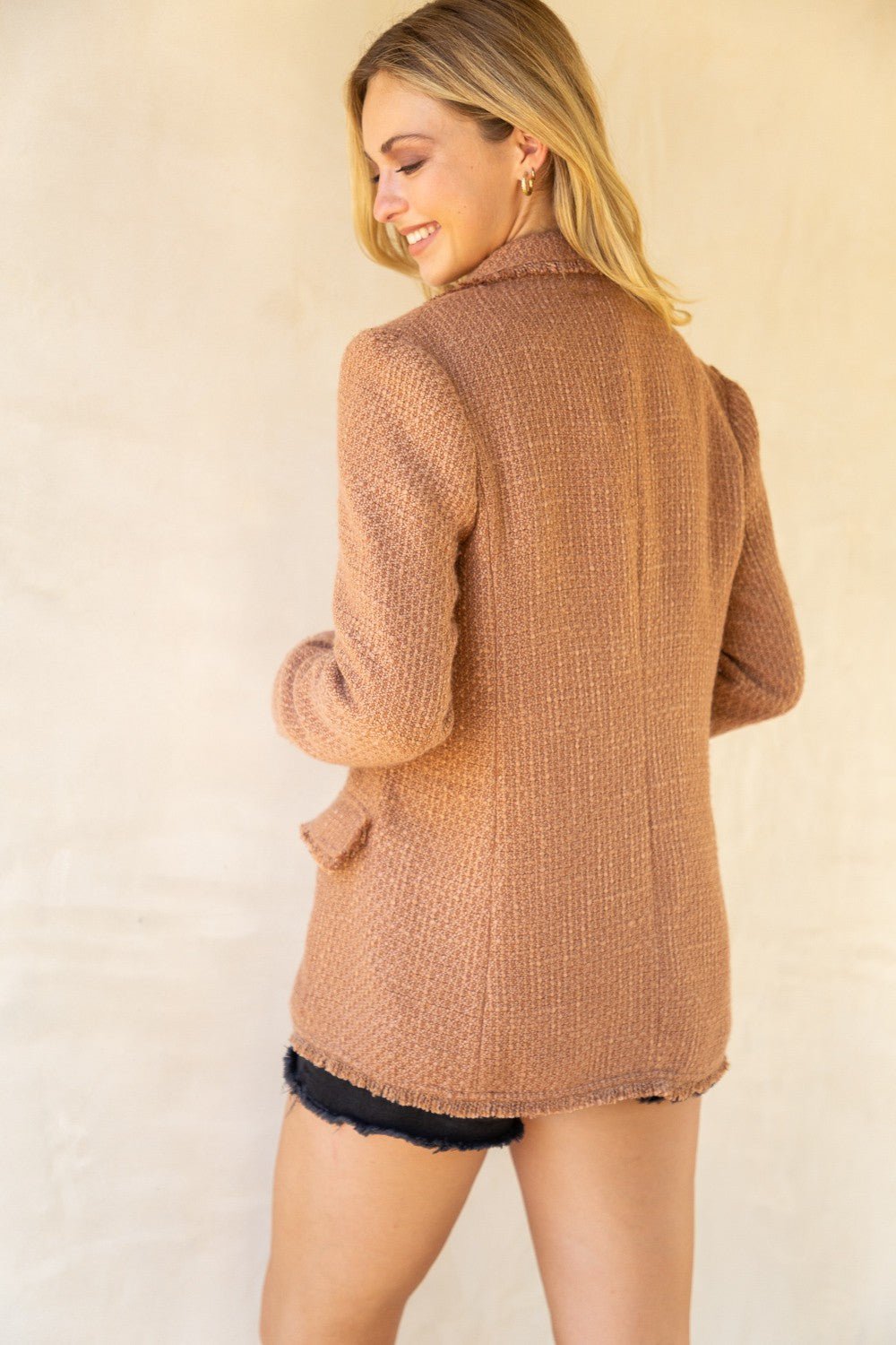 Double Pocket Fringe Tweed Blazer