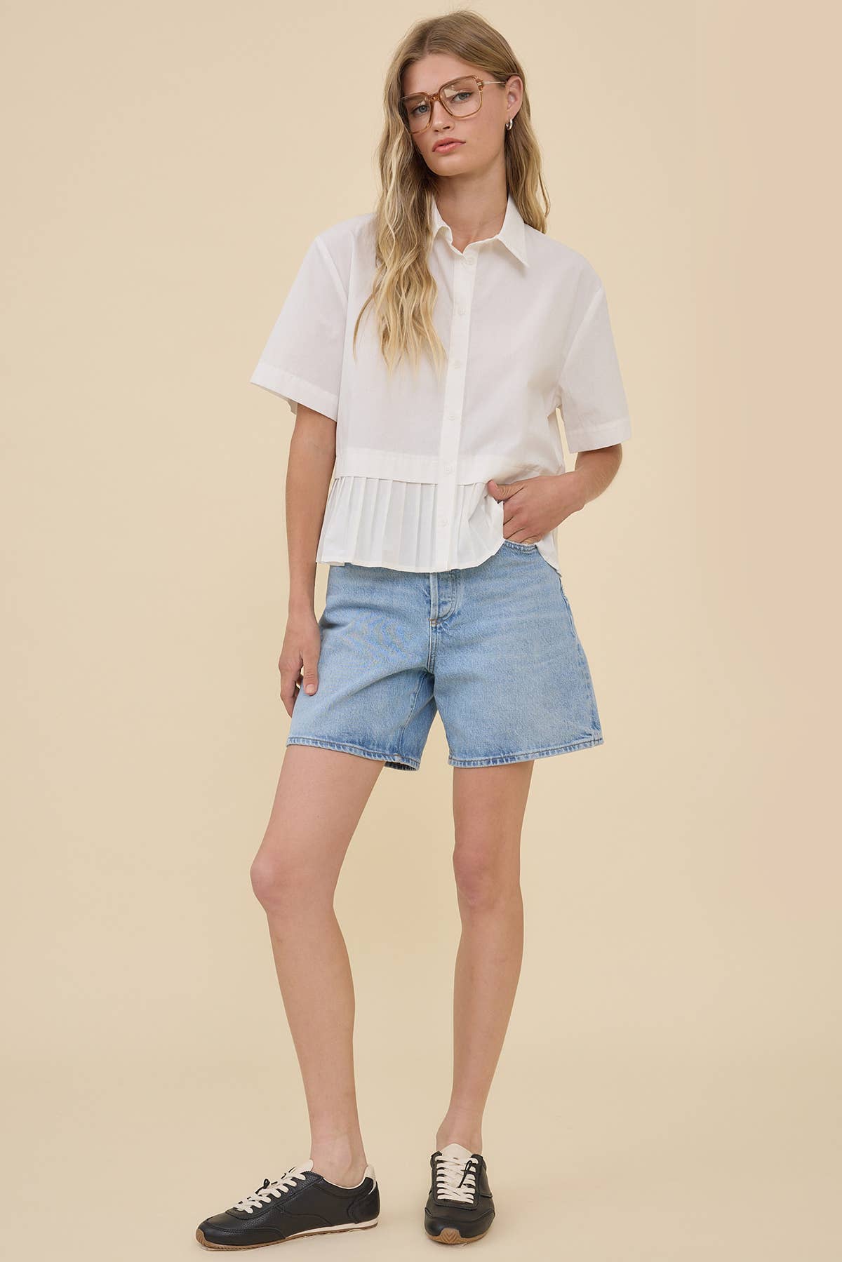 Pleated Hem Short Sleeve Shirt Top - RT1242
