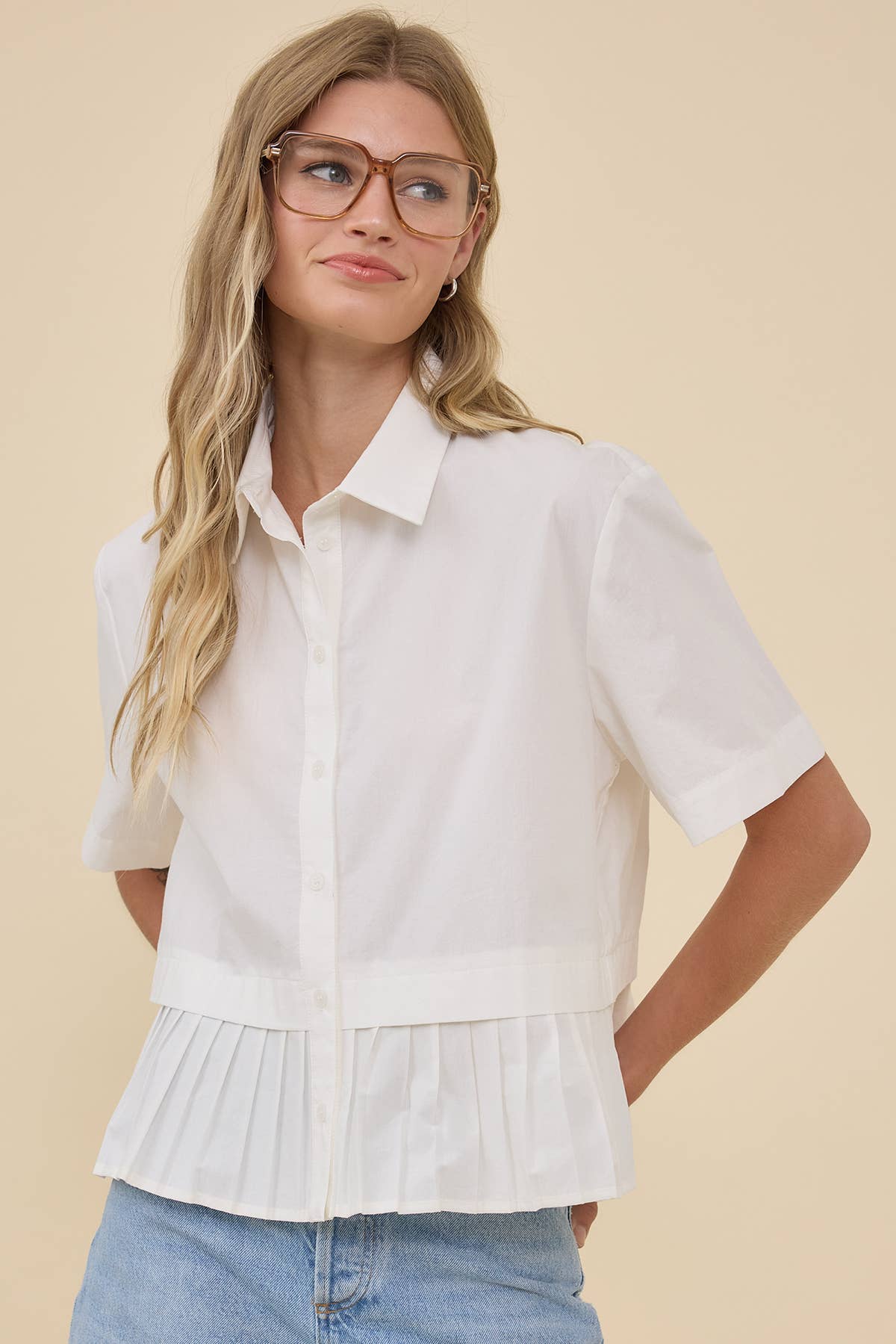 Pleated Hem Short Sleeve Shirt Top - RT1242