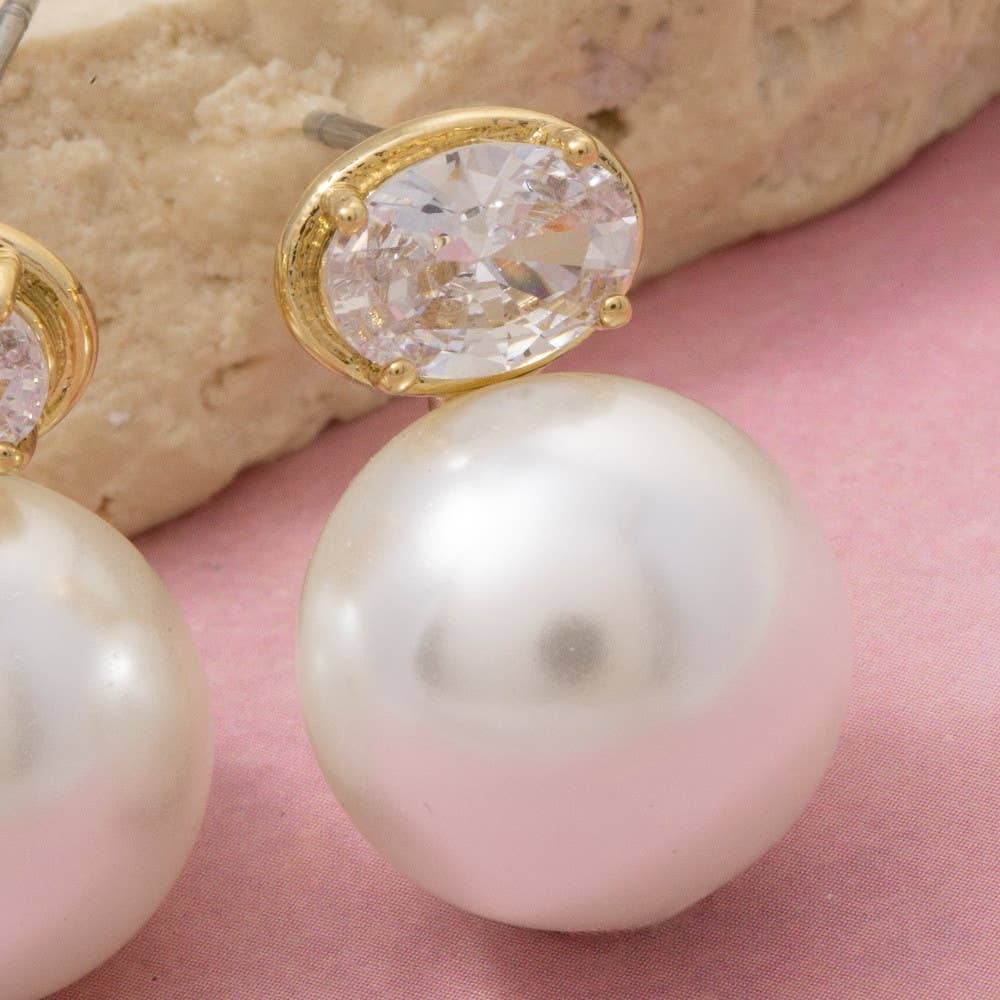 Gold Dipped Oval Cz And Pearl Stud Earrings