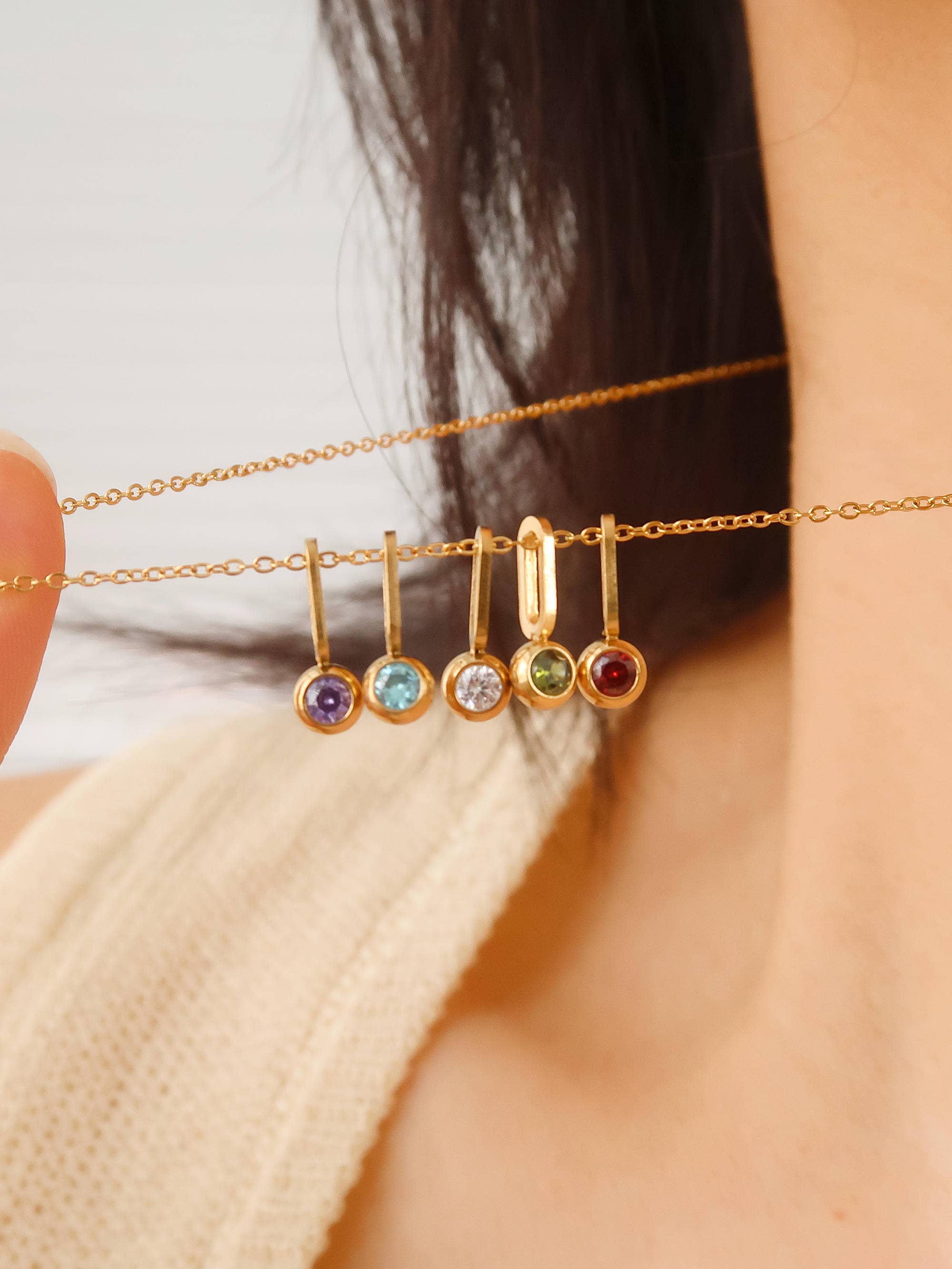 Five Stone Charm Necklace Non-Tarnish 18K Dipped