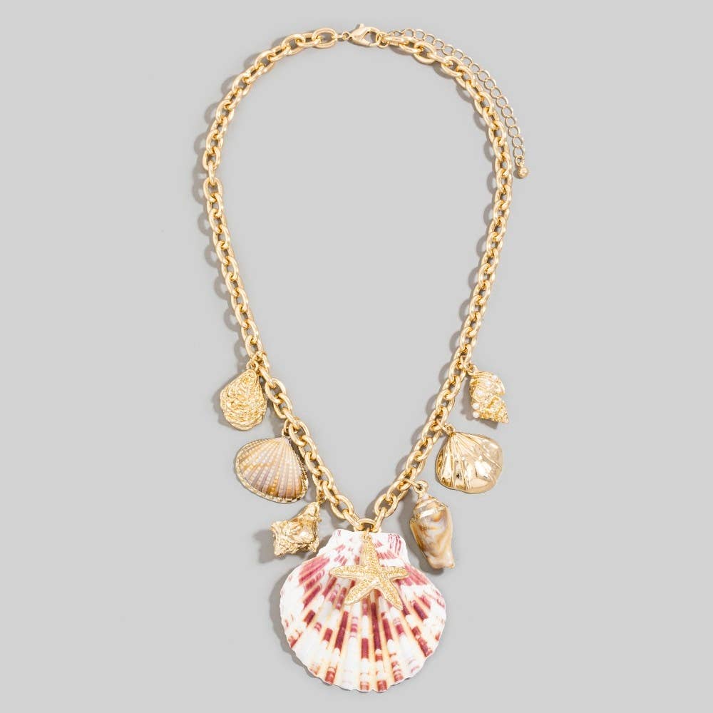 Large Sea Shell Pendant And Charms Necklace