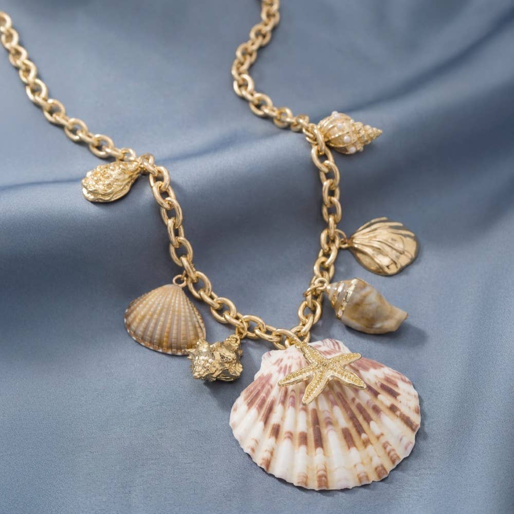 Large Sea Shell Pendant And Charms Necklace