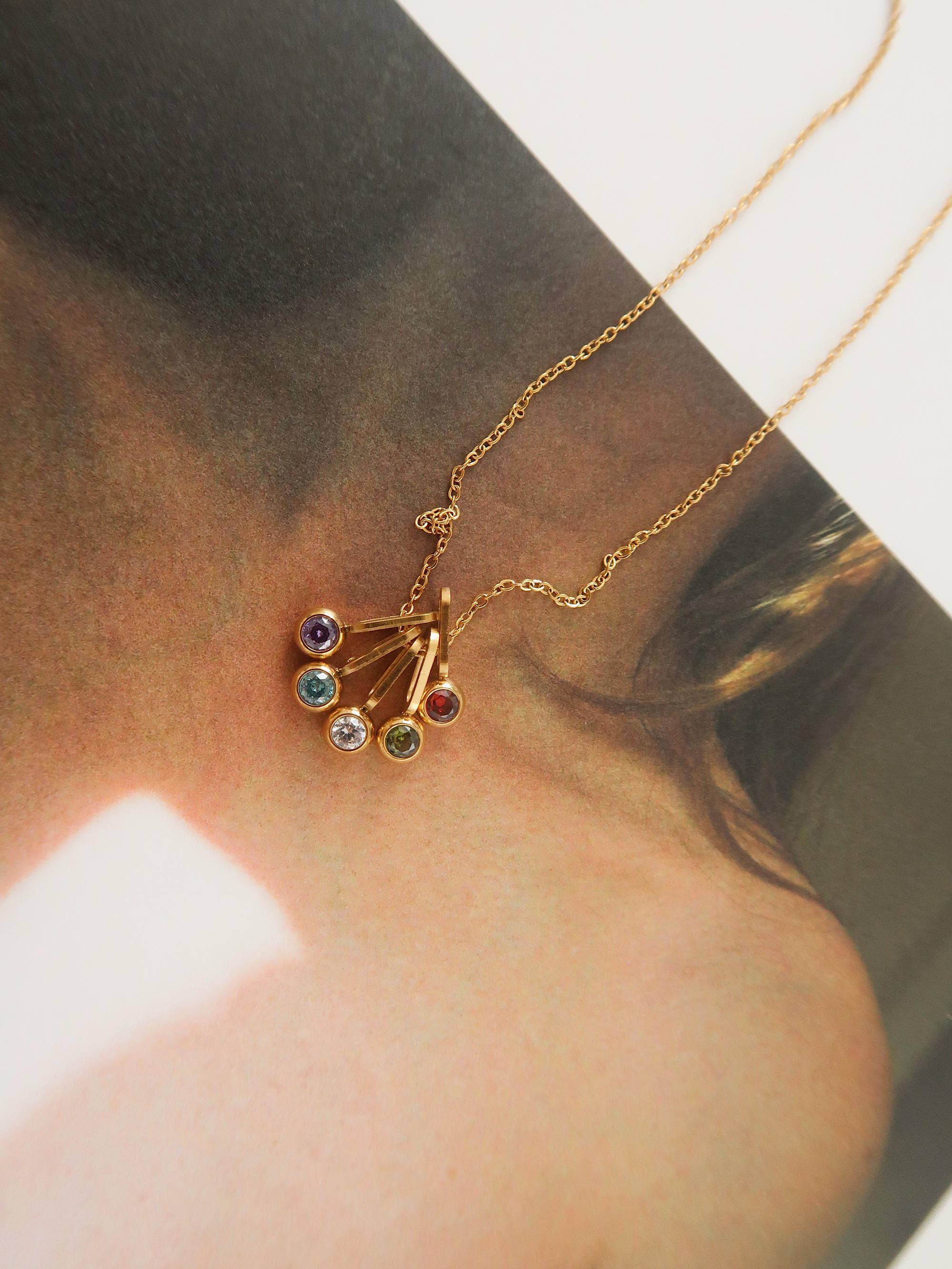 Five Stone Charm Necklace Non-Tarnish 18K Dipped