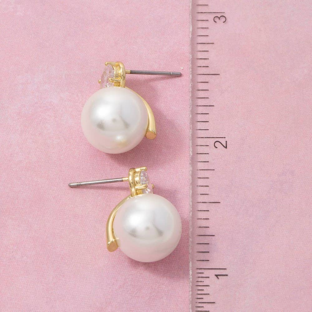 Gold Dipped Oval Cz And Pearl Stud Earrings