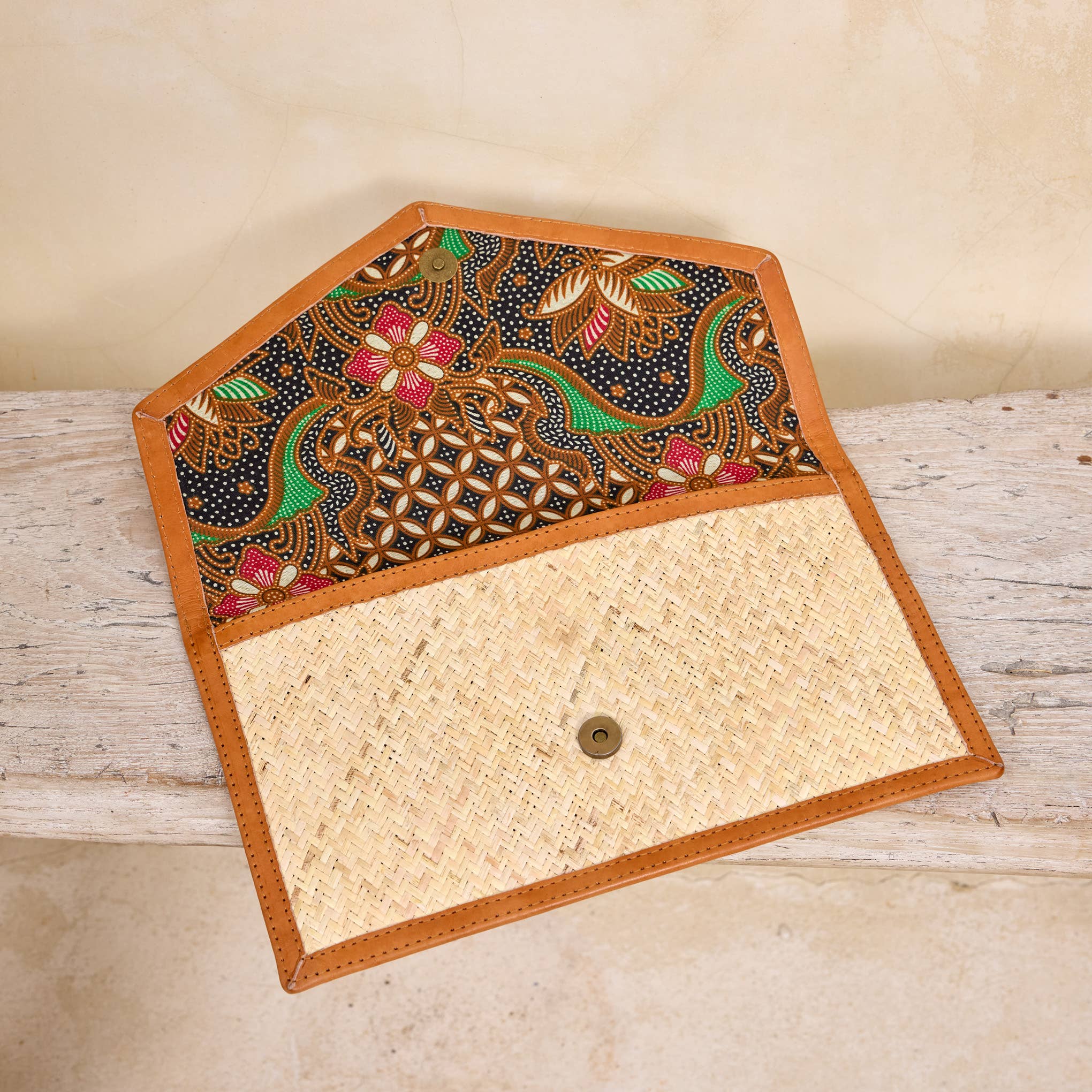 Rattan Clutch with Brown Leather Trim