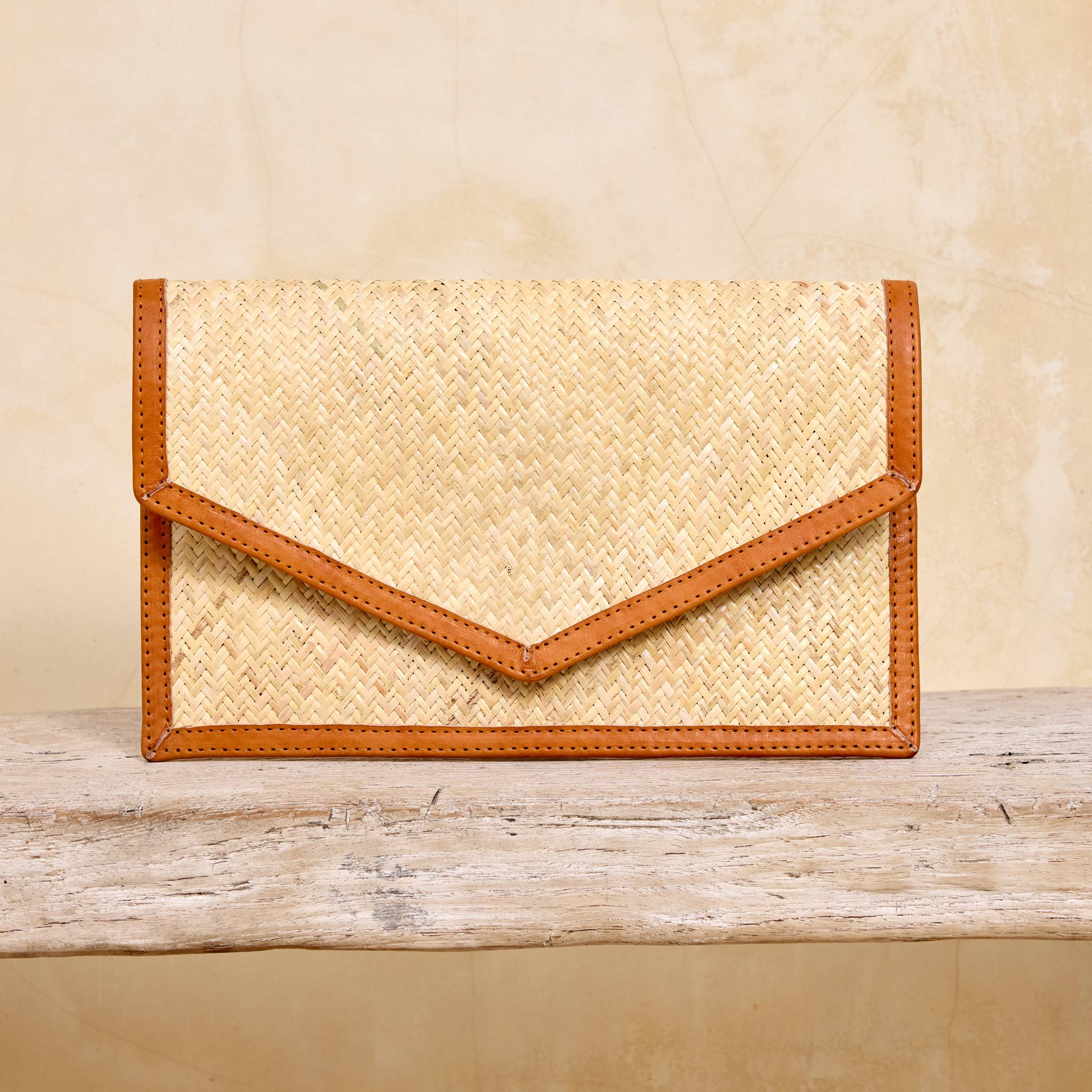 Rattan Clutch with Brown Leather Trim