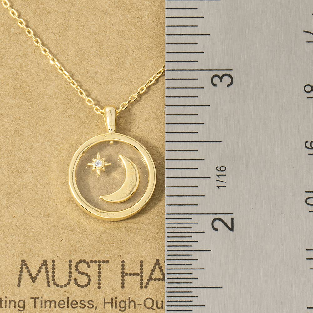 18K Gold Dipped Crescent Moon Star Circle Necklace