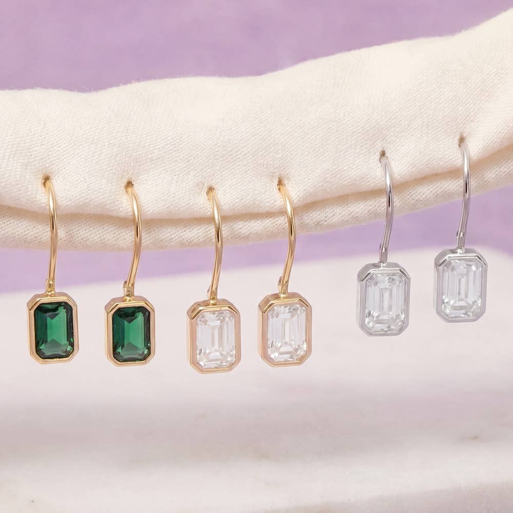 Gold Dipped Bezel Emerald Cut Cz Drop Earrings
